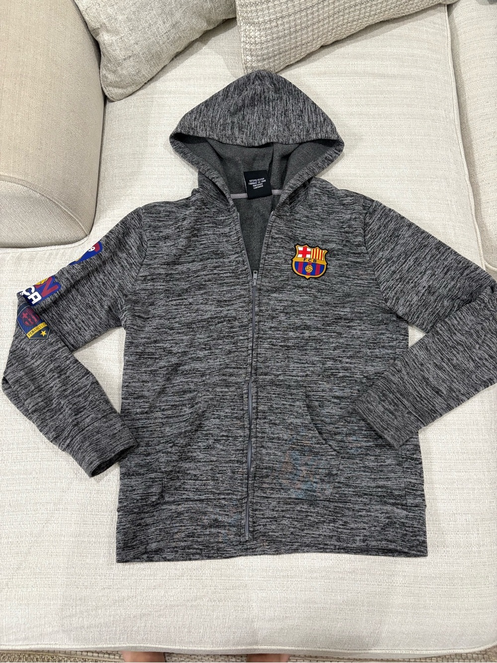 Kids' FC Barcelona Gray Zip-Up Hoodie with Crest